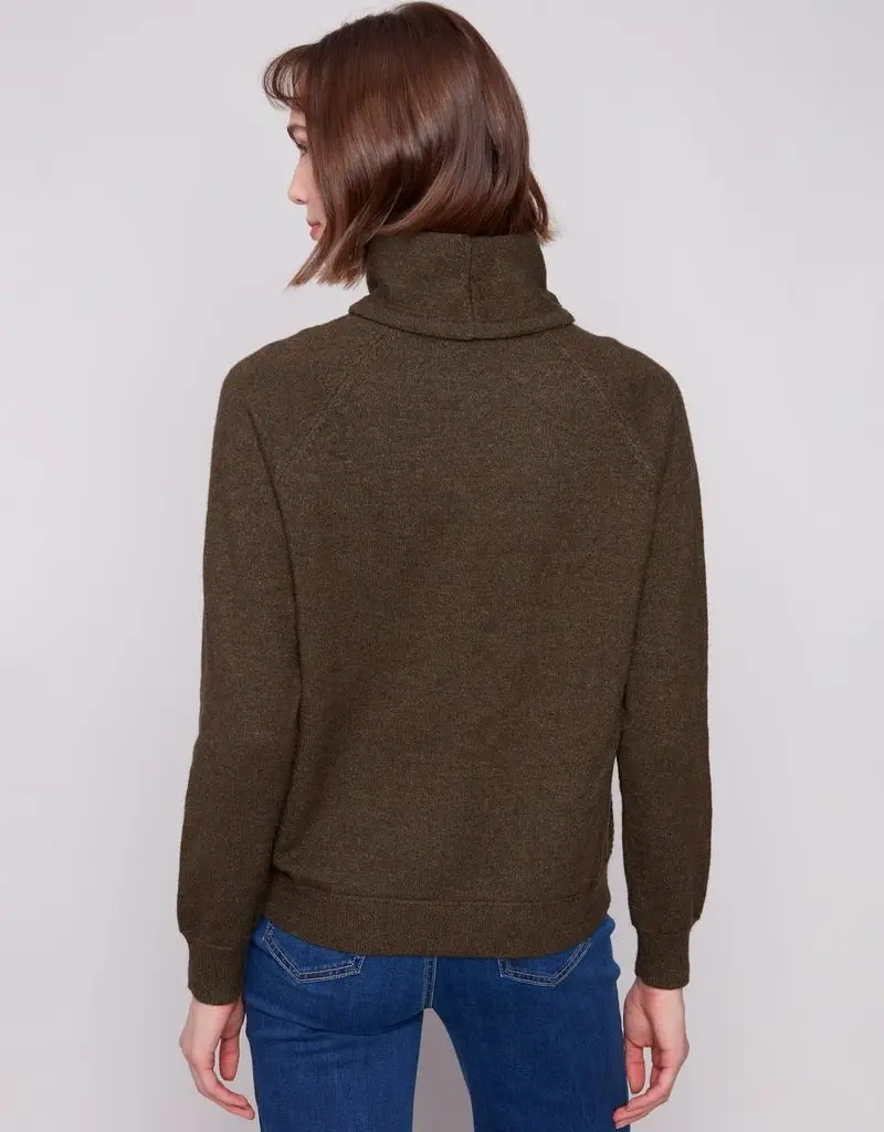 Charlie B Textured Raglan Small Cowl Neck Knit Sweater