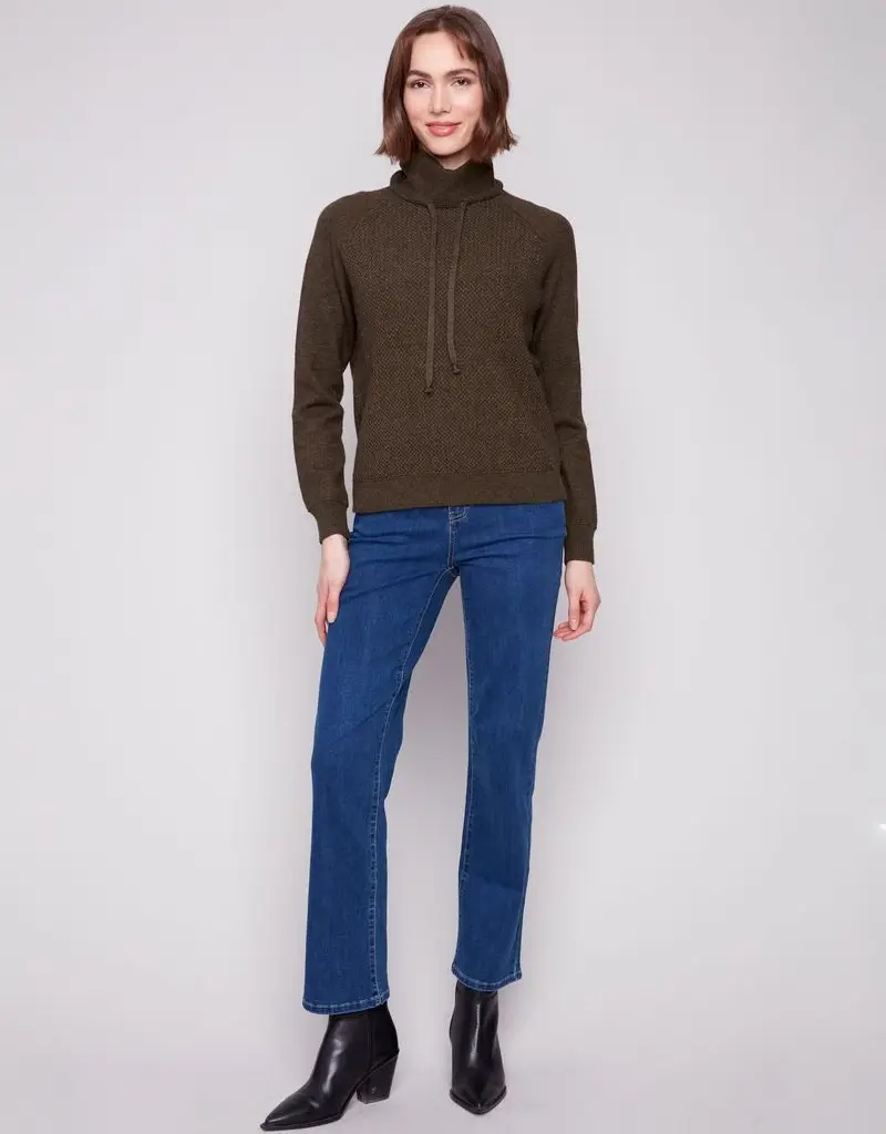 Charlie B Textured Raglan Small Cowl Neck Knit Sweater