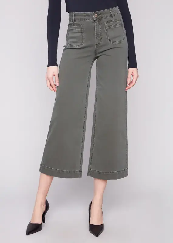 Charlie B Patch Pocket Wide Crop Flare Twill Pants