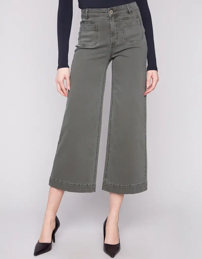 Charlie B Patch Pocket Wide Crop Flare Twill Pants