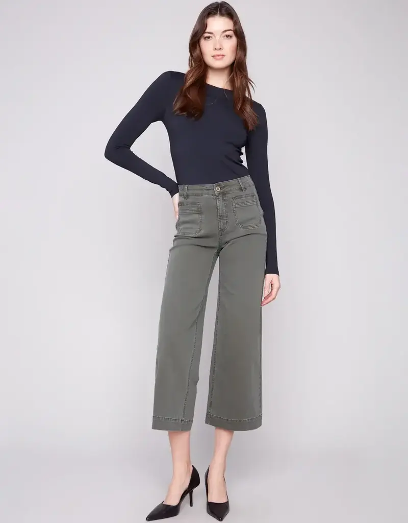 Charlie B Patch Pocket Wide Crop Flare Twill Pants
