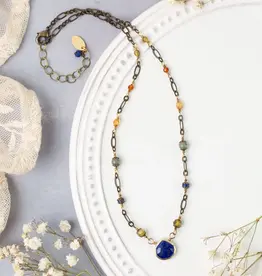 Anne Vaughan Sacred Heart Czech Glass with Lapis Teardrop Bezel Simple Necklace