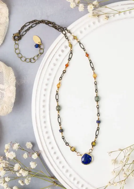 Anne Vaughan Sacred Heart Czech Glass with Lapis Teardrop Bezel Simple Necklace