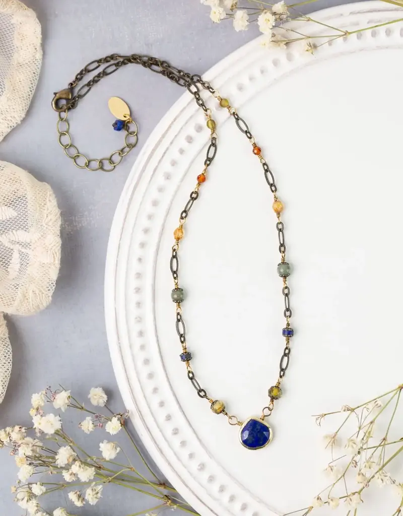 Anne Vaughan Sacred Heart Czech Glass with Lapis Teardrop Bezel Simple Necklace