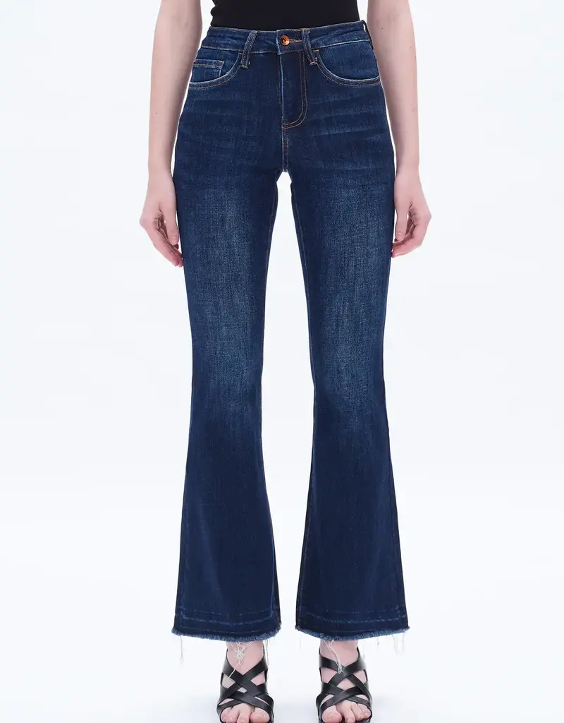 BAYEAS High Rise Flare Leg Denim Jeans With Raw Hem