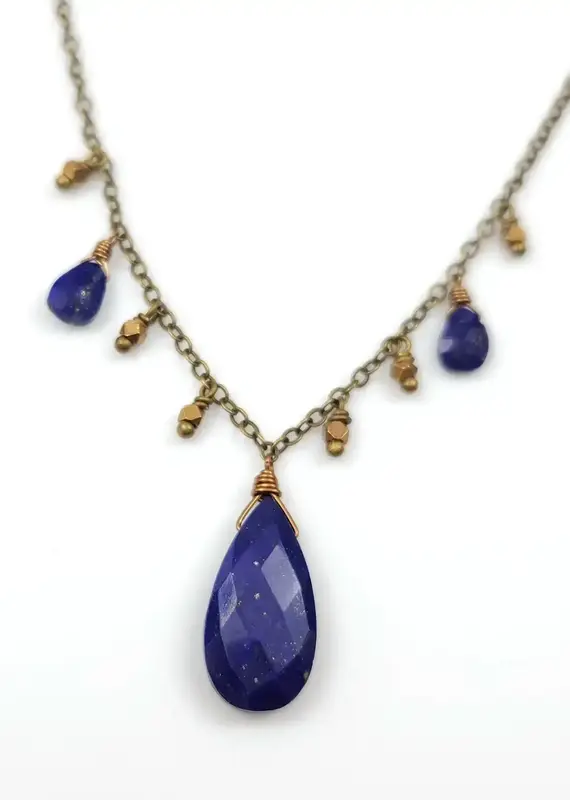 Edgy Petal Lapis Statement Necklace with Fringe Beads
