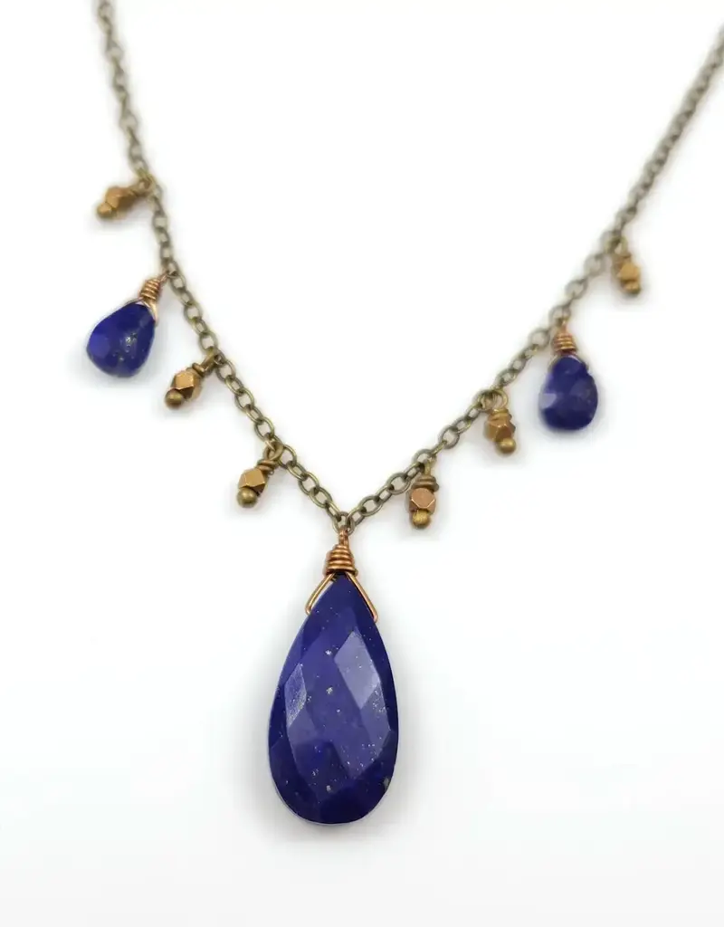 Edgy Petal Lapis Statement Necklace with Fringe Beads