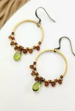 Edgy Petal Wrapped Peridot and Brown Jade Brass Circle Earrings