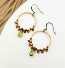 Edgy Petal Wrapped Peridot and Brown Jade Brass Circle Earrings
