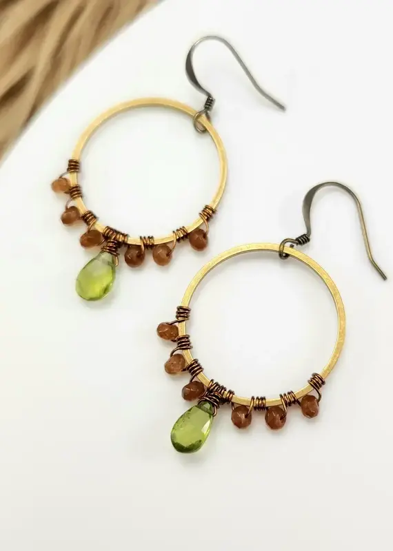 Edgy Petal Wrapped Peridot and Brown Jade Brass Circle Earrings