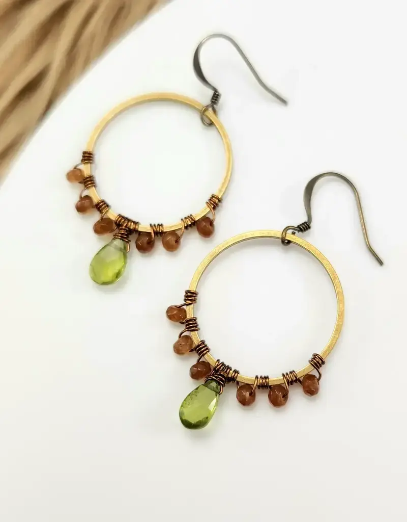 Edgy Petal Wrapped Peridot and Brown Jade Brass Circle Earrings