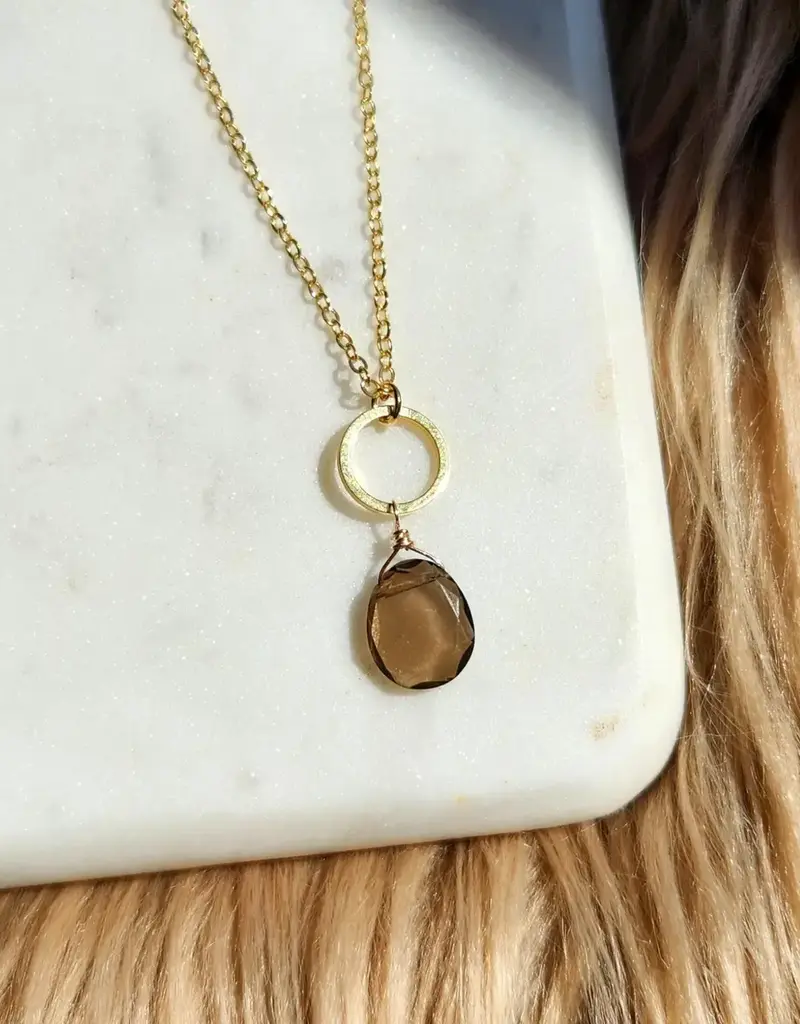 Edgy Petal Smoky Quartz Flat Nugget Gold Plated Small Circle Necklace