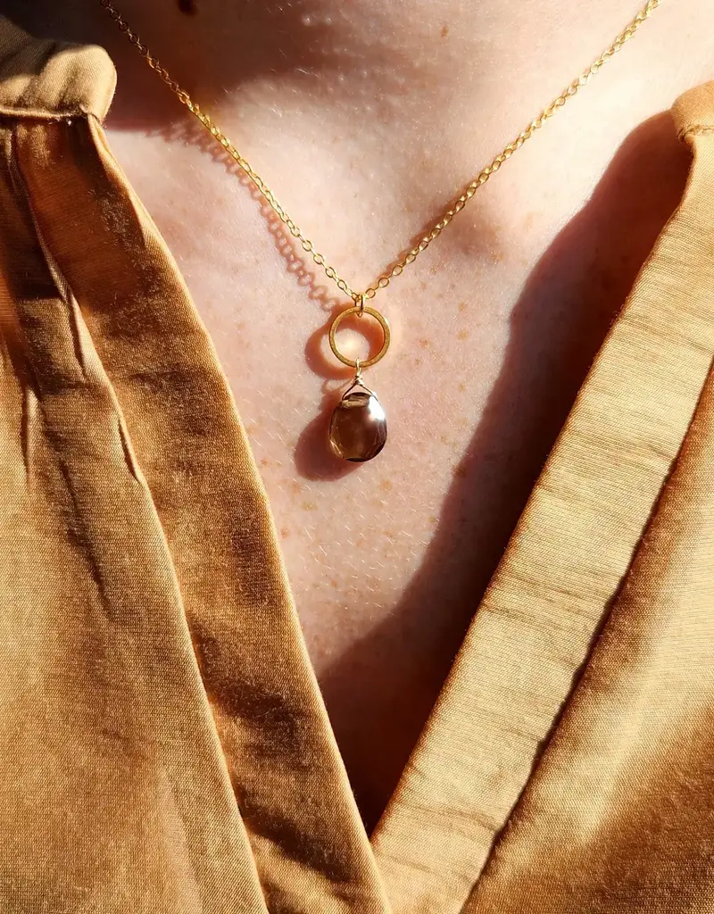 Edgy Petal Smoky Quartz Flat Nugget Gold Plated Small Circle Necklace