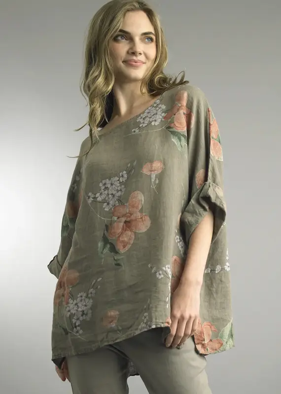 Tempo Paris Orchid Print Linen Top