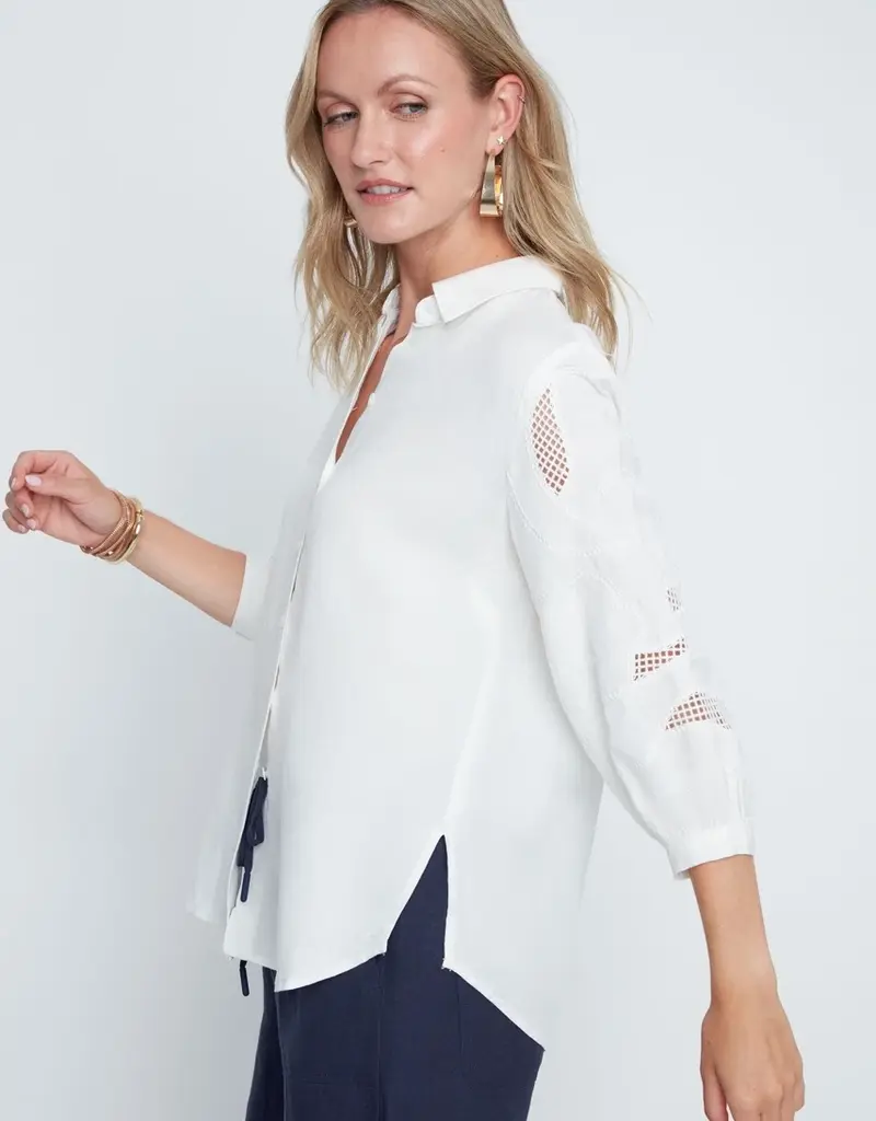 Renuar Mesh Eyelet Button-Up Top