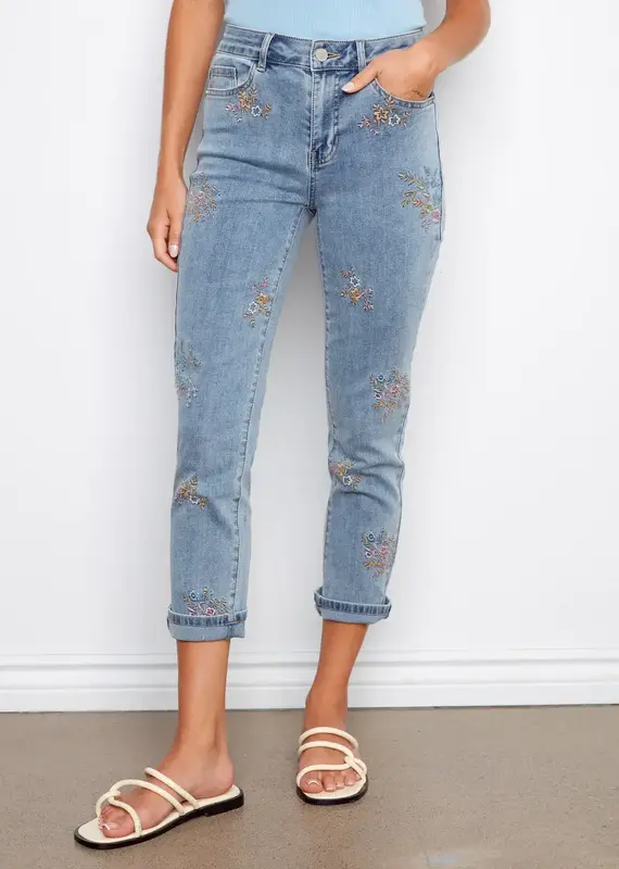 Charlie B Cuffed Cropped Slim Leg Embroidered Jeans