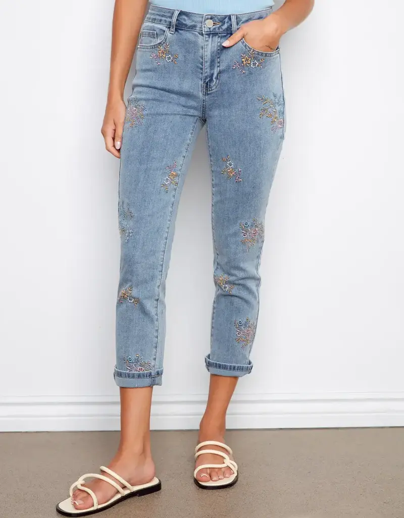 Charlie B Cuffed Cropped Slim Leg Embroidered Jeans