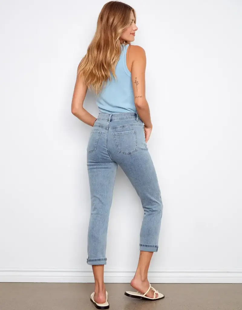 Charlie B Cuffed Cropped Slim Leg Embroidered Jeans