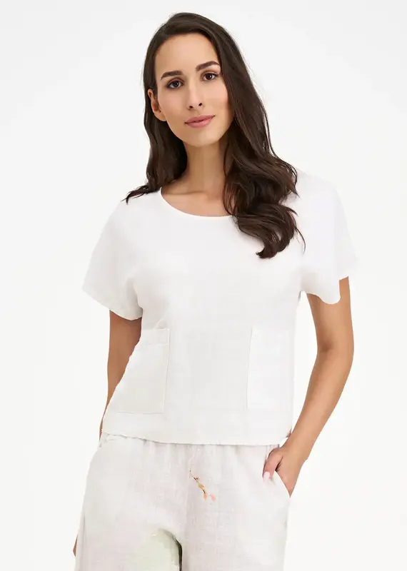 M Made In Italy Woven Linen Blend Pocket Top