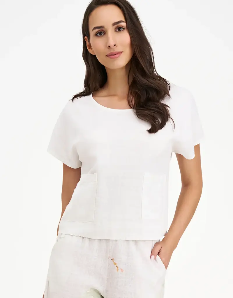 M Made In Italy Woven Linen Blend Pocket Top