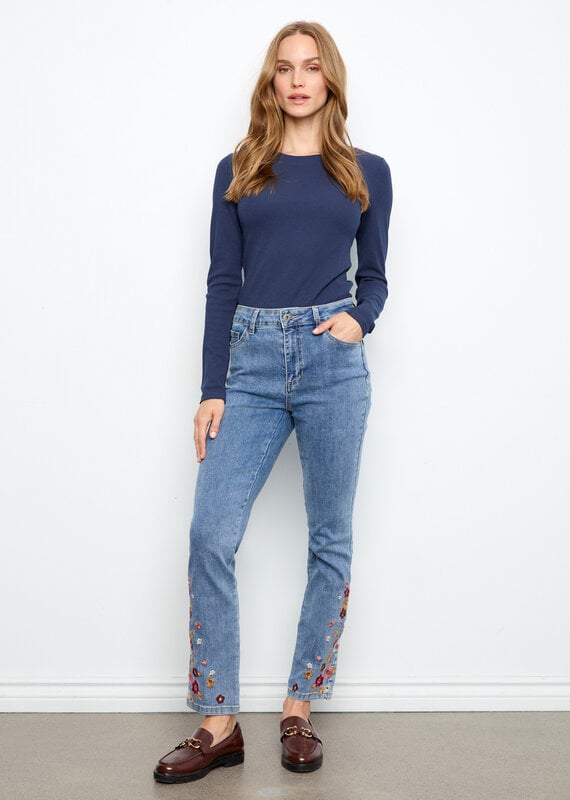 Charlie B Slim Leg Embroidered Denim Pants