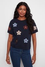 Charlie B Elbow Sleeve Embroidered Flowers Crew Neck Sweater