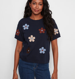 Charlie B Elbow Sleeve Embroidered Flowers Crew Neck Sweater