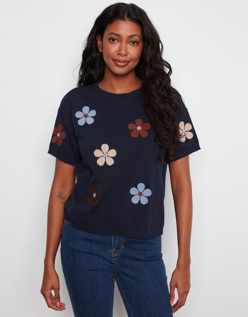 Charlie B Elbow Sleeve Embroidered Flowers Crew Neck Sweater