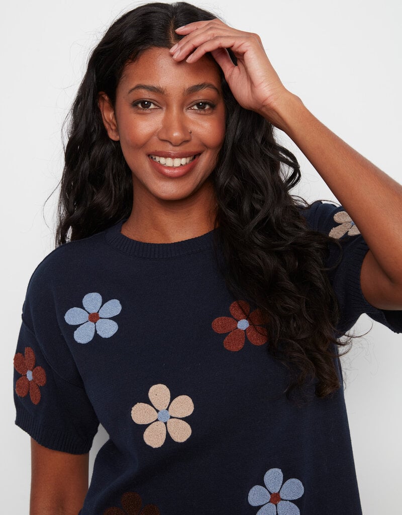 Charlie B Elbow Sleeve Embroidered Flowers Crew Neck Sweater