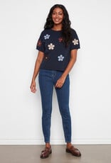 Charlie B Elbow Sleeve Embroidered Flowers Crew Neck Sweater
