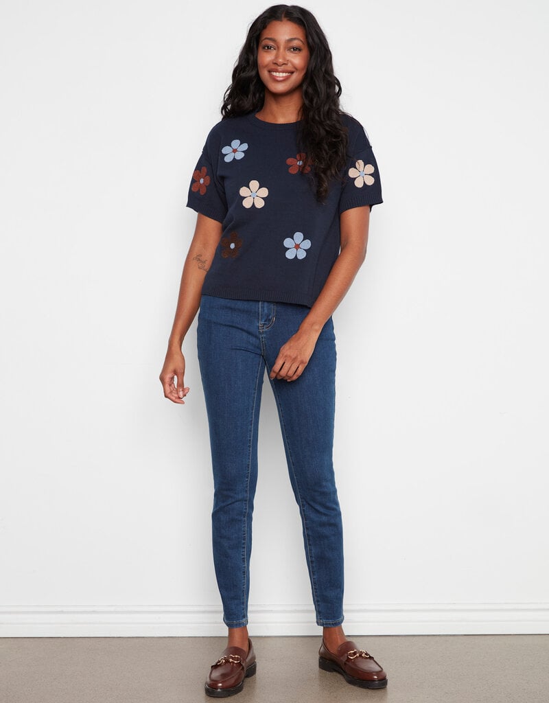 Charlie B Elbow Sleeve Embroidered Flowers Crew Neck Sweater