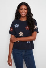 Charlie B Elbow Sleeve Embroidered Flowers Crew Neck Sweater