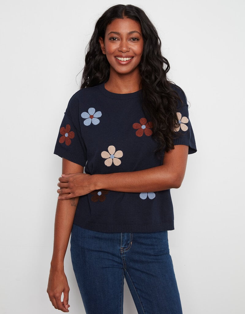 Charlie B Elbow Sleeve Embroidered Flowers Crew Neck Sweater