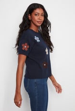 Charlie B Elbow Sleeve Embroidered Flowers Crew Neck Sweater