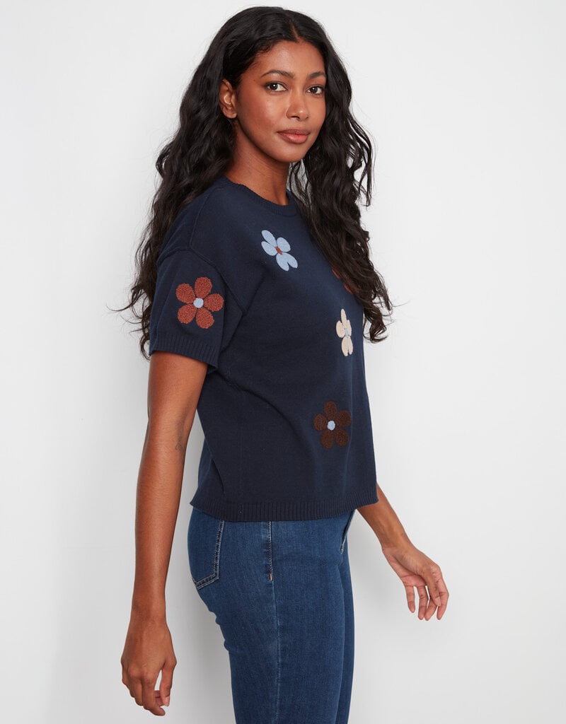 Charlie B Elbow Sleeve Embroidered Flowers Crew Neck Sweater