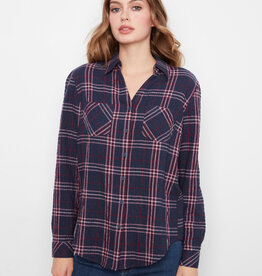 Charlie B Plaid Long Sleeve Shirt With "V" Shaped Placket