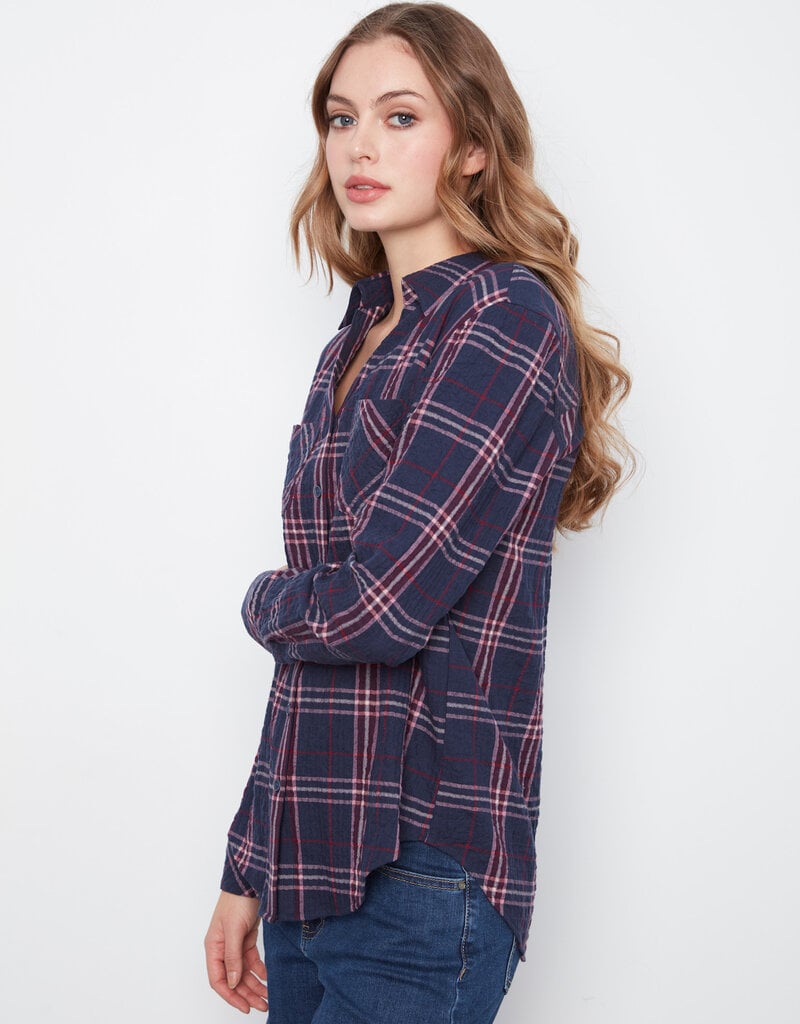 Charlie B Plaid Long Sleeve Shirt With "V" Shaped Placket