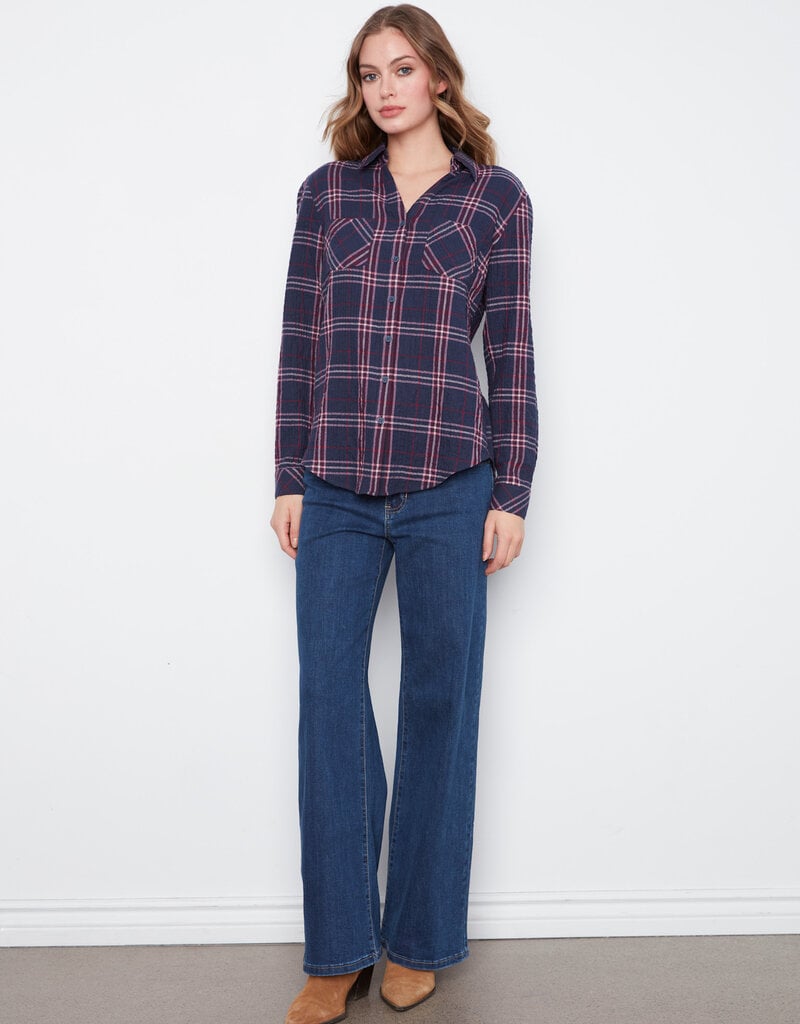 Charlie B Plaid Long Sleeve Shirt With "V" Shaped Placket