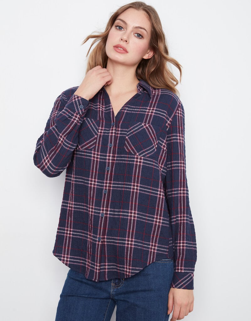 Charlie B Plaid Long Sleeve Shirt With "V" Shaped Placket