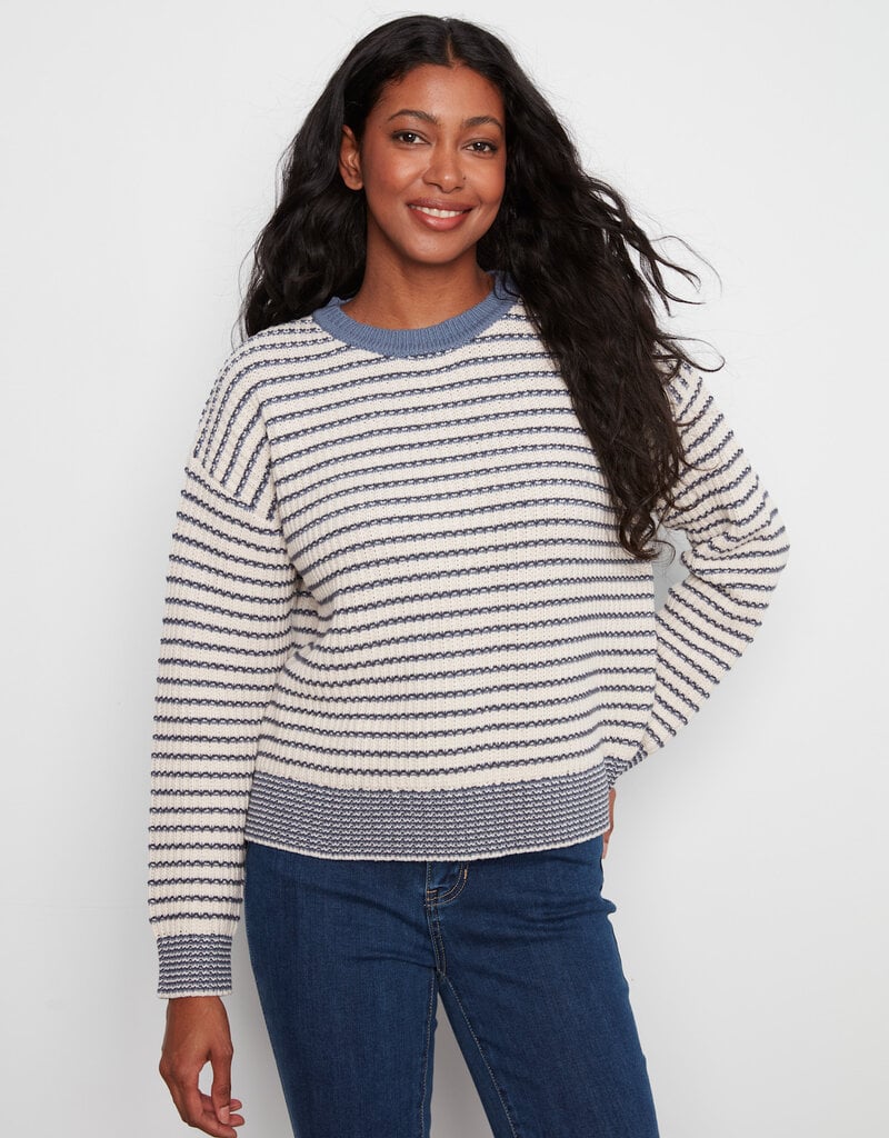 Charlie B Long Sleeve Drop Shoulder Yarn Dye Striped Crew Neck Sweater