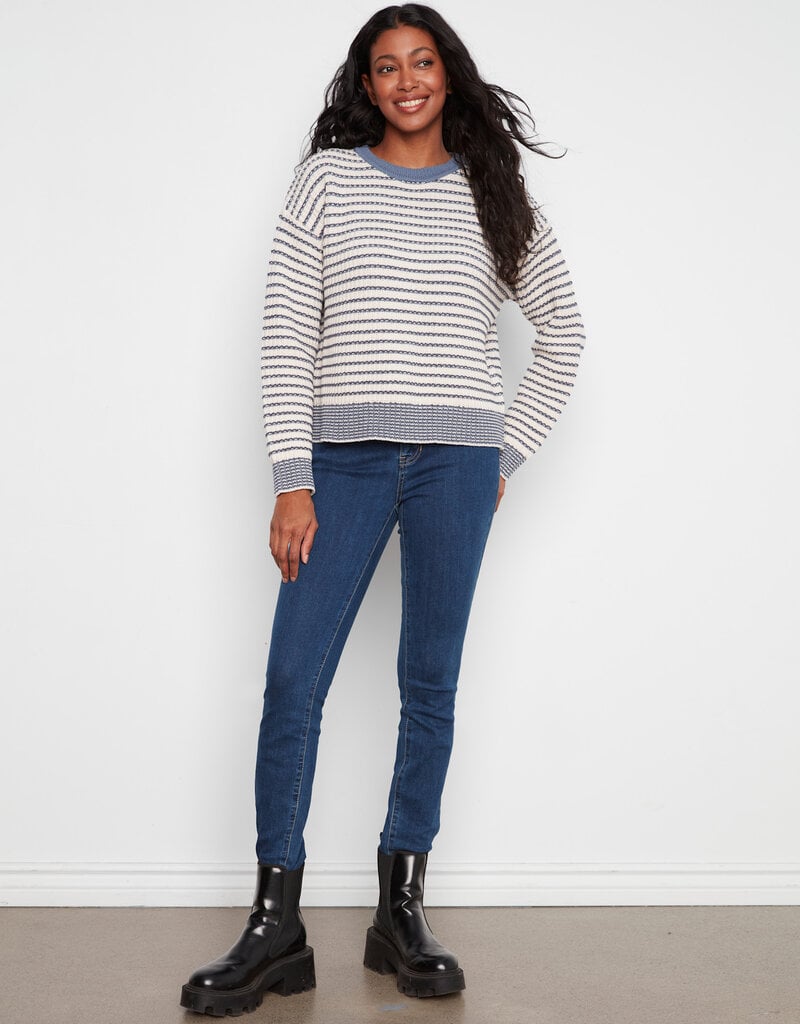 Charlie B Long Sleeve Drop Shoulder Yarn Dye Striped Crew Neck Sweater