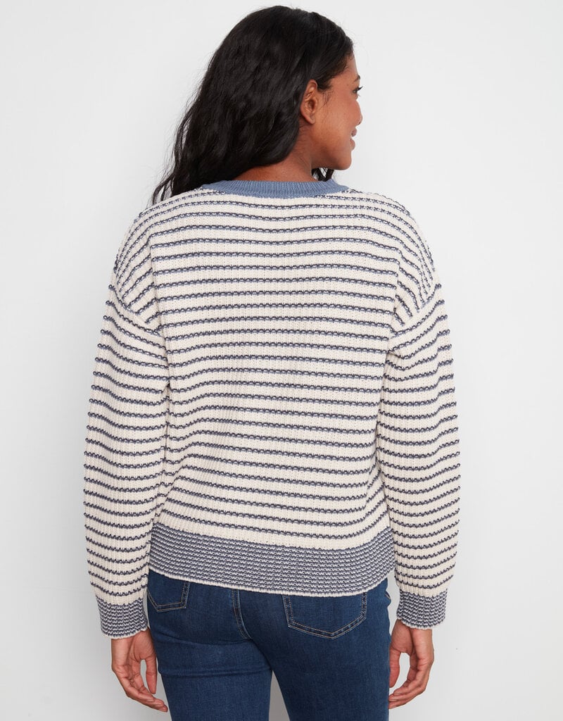 Charlie B Long Sleeve Drop Shoulder Yarn Dye Striped Crew Neck Sweater