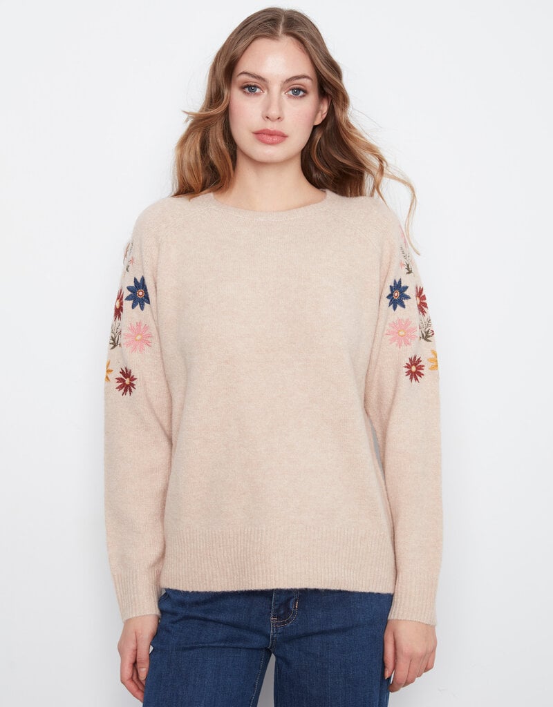 Charlie B Long Sleeve Raglan Sweater With Embroidery At Shoulders