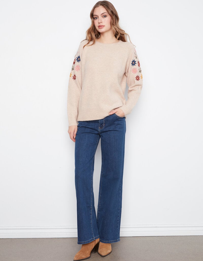 Charlie B Long Sleeve Raglan Sweater With Embroidery At Shoulders
