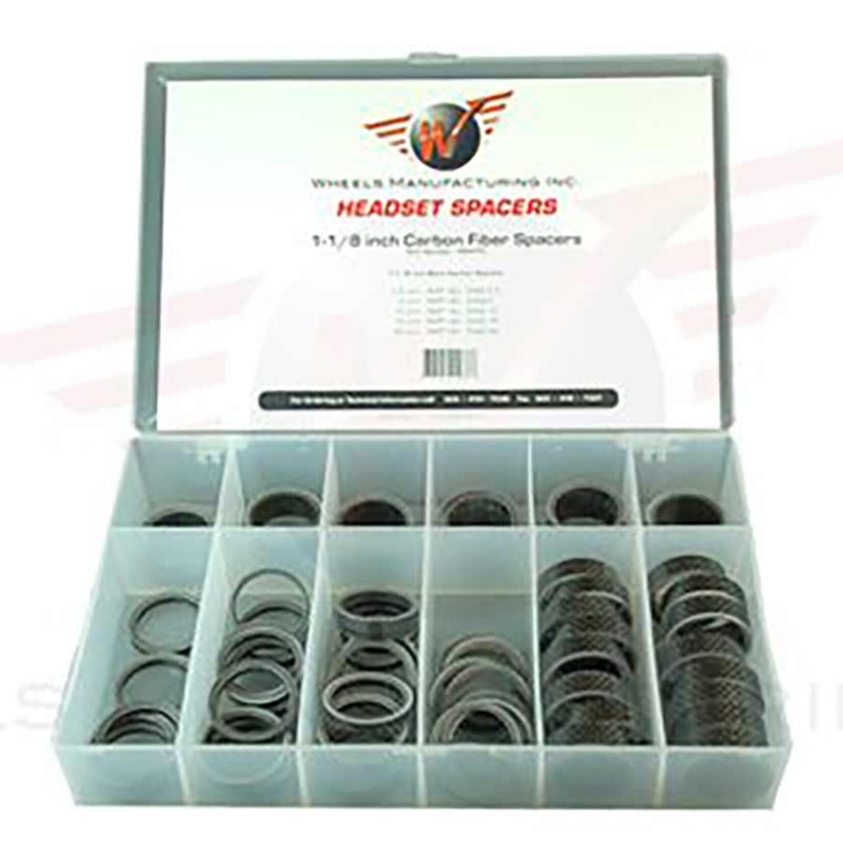 Wheels Manufacturing Wheels Manufacturing, Gloss Carbon, Headset Spacer, 1-1/8'', Height: 2.5mm/5mm/10mm/15mm/20mm, Carbon, Black, 62pcs