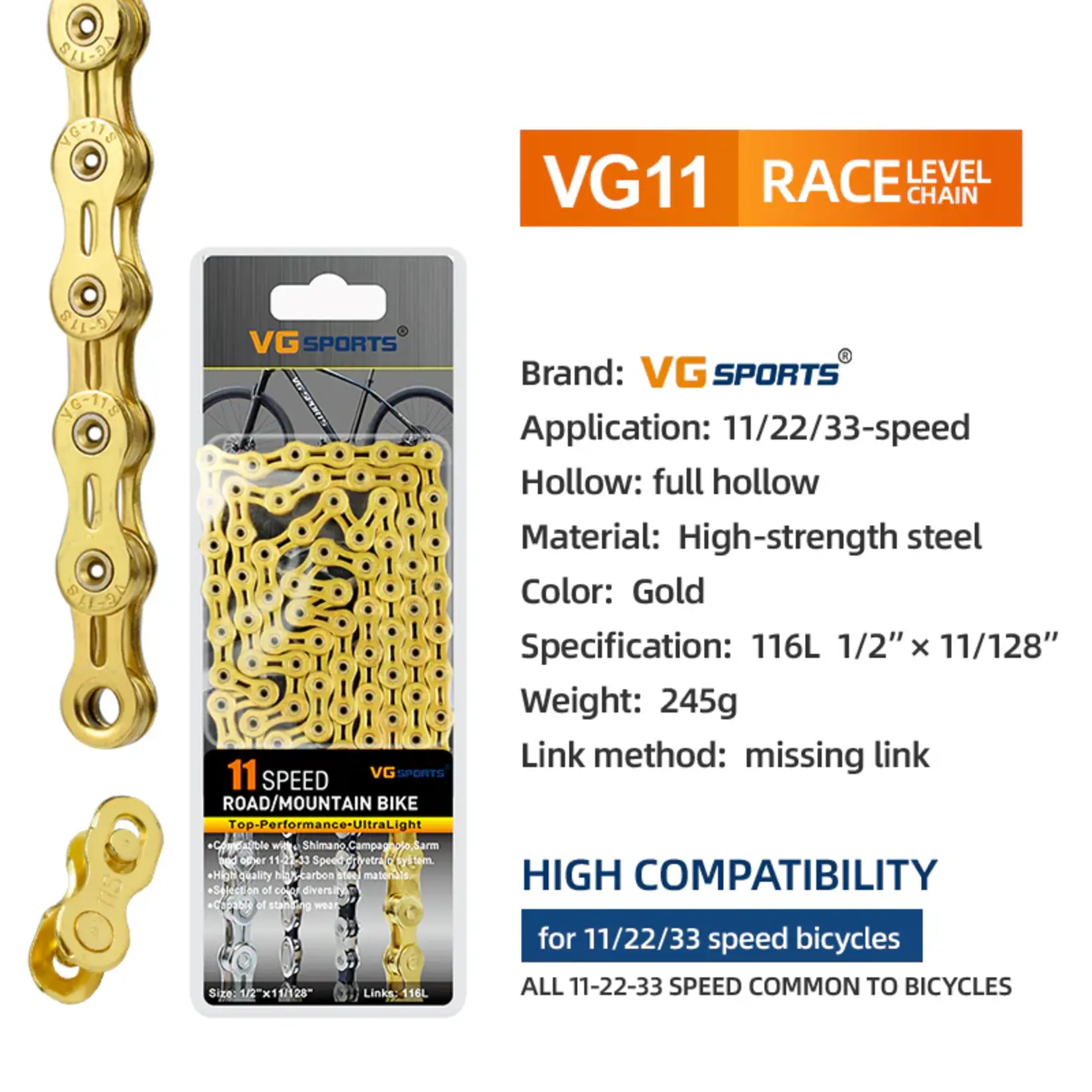 VG Sports 11 Speed Bicycle Chain, Gold