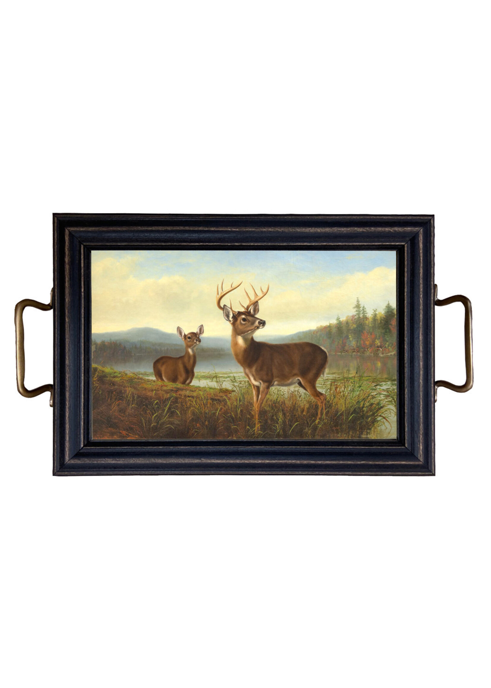 Deer “On the Alert” Decorative Tray w/ Brass Handles