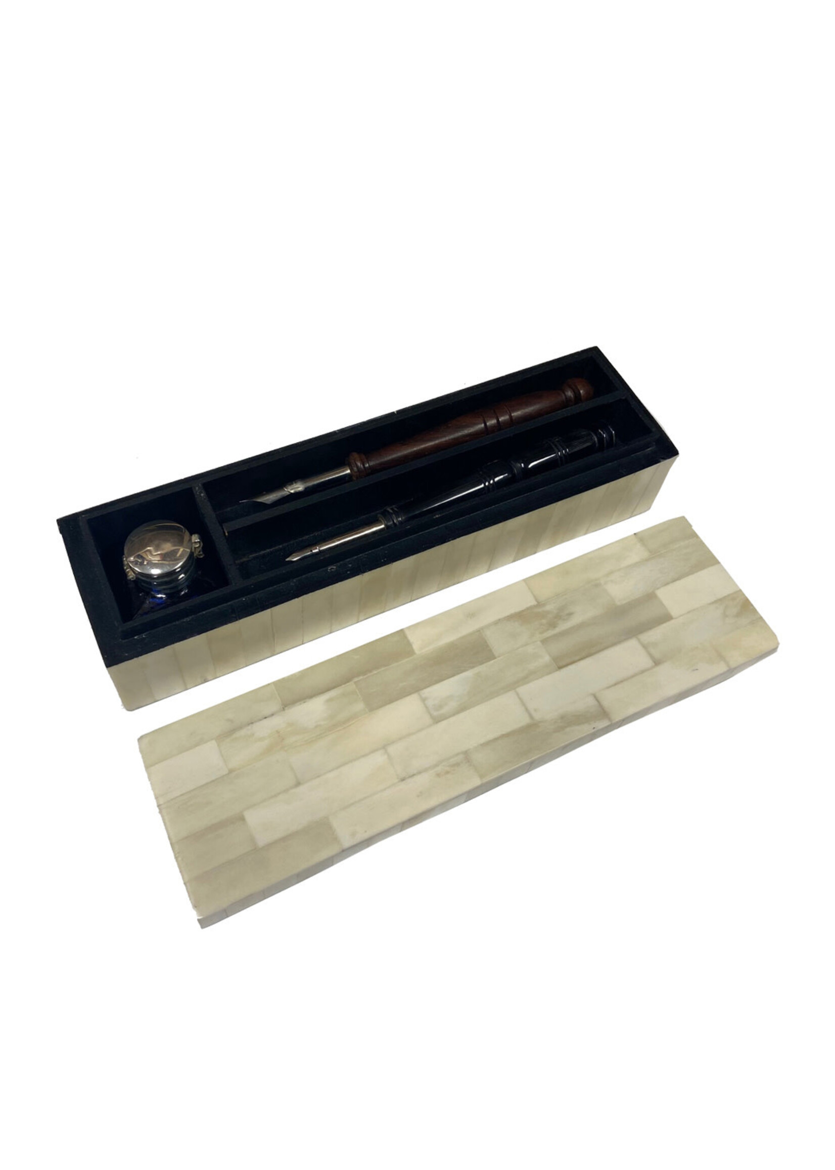 10″ Bone Pen Box Set w/ Inkwell, 2 Nib Pens & Ink Powder