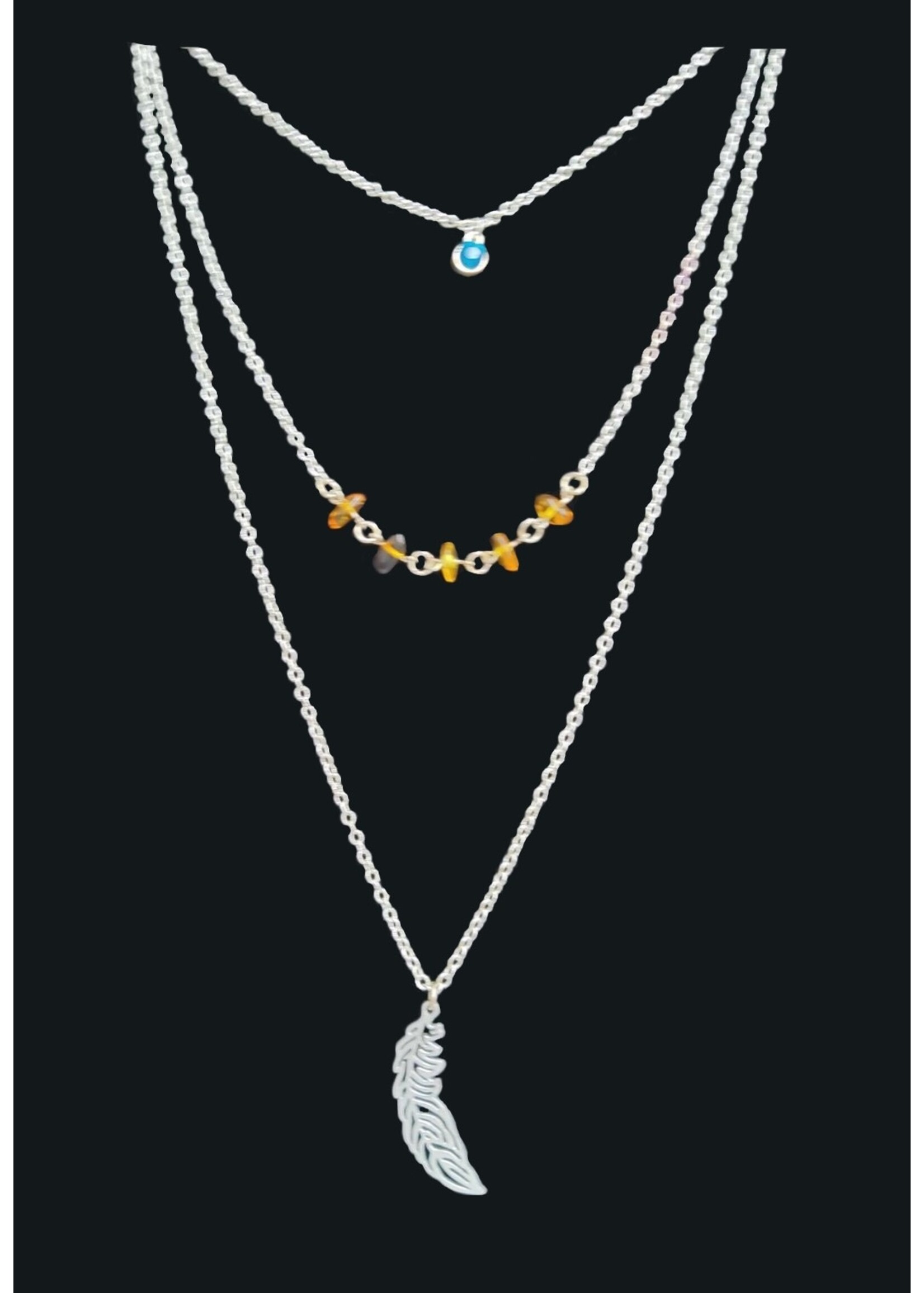 Honey Amber Beads on Three Strand Layered Necklace