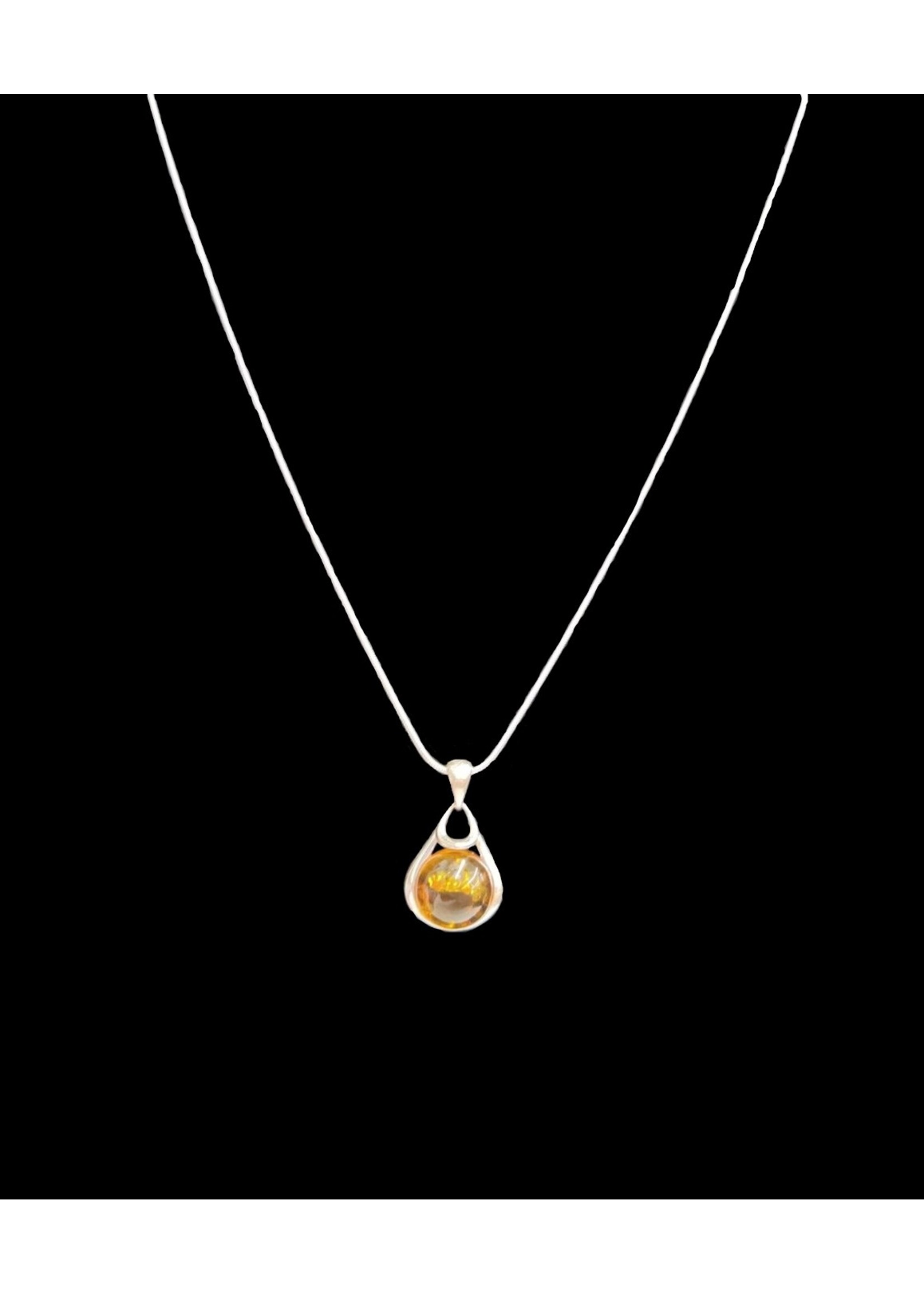 Honey Amber Round Stone Sterling Silver Necklace